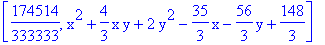 [174514/333333, x^2+4/3*x*y+2*y^2-35/3*x-56/3*y+148/3]